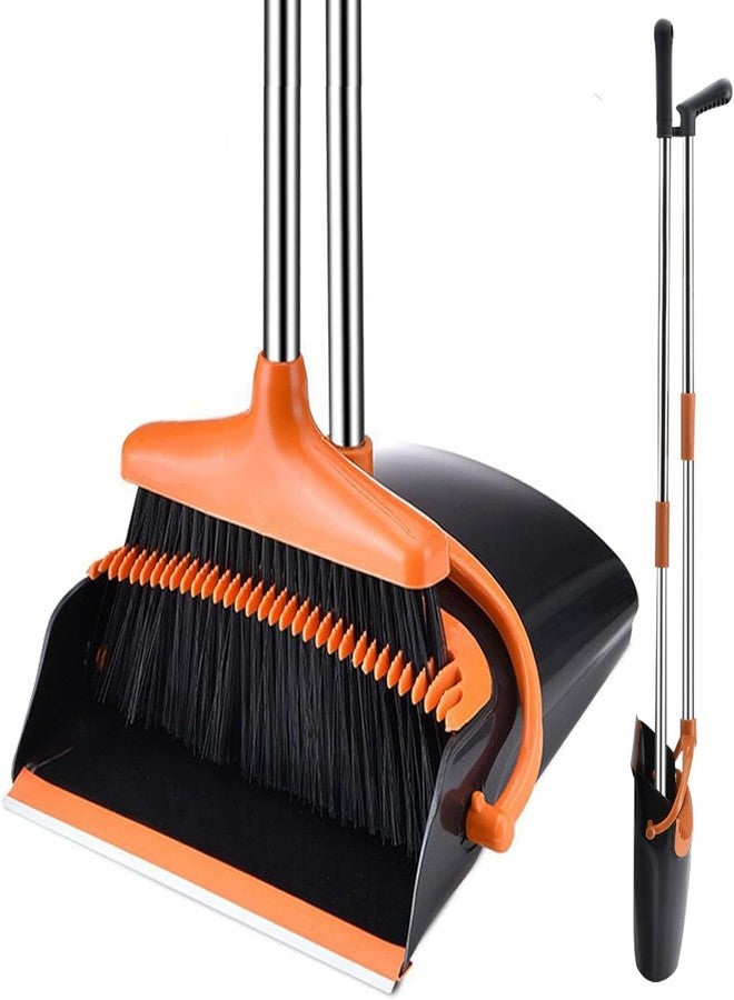 GNEY Standing Dustpan and Broom Set with Adjustable Long Handle | Self-Cleaning Comb Design | Upright Space-Saving Dustpan | Heavy-Duty Floor Cleaning for Home, Office & Pet Hair - Image 1
